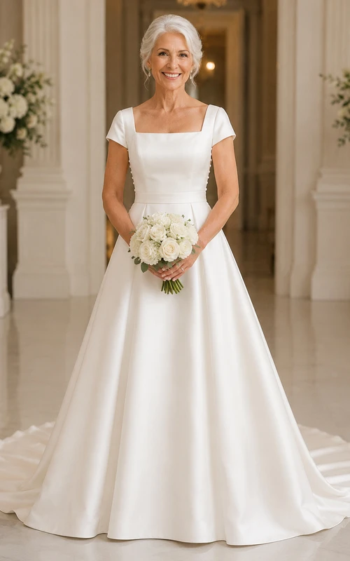 Satin-Brautkleid mit eckigem Ausschnitt, A-Linie und Kapellenschleppe für ältere Bräute