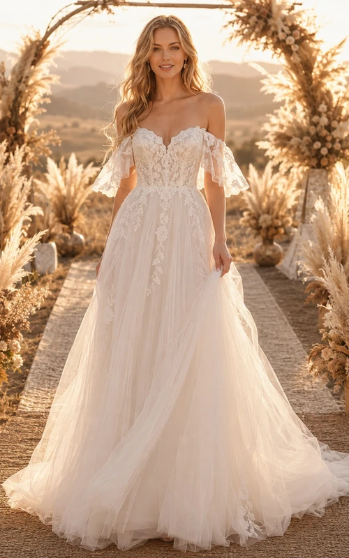 Schulterfreies Brautkleid aus Spitze, Tüll und Pampas-Stoff in A-Linie
