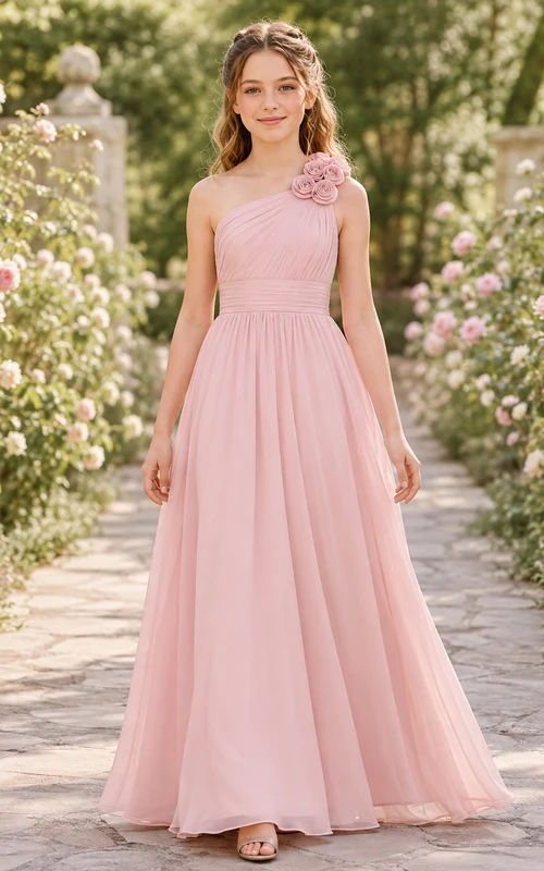 Zartrosa Brautjungfernkleid, A-Linie, schulterfrei, Chiffon, mit floralem Detail, romantisch