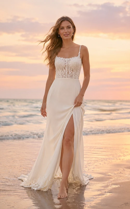 Robe de mariée trapèze fendue à fines bretelles spaghetti et corsage en dentelle de plage