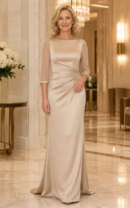Champagne Mature Bateau Half Sleeve Evening Gown