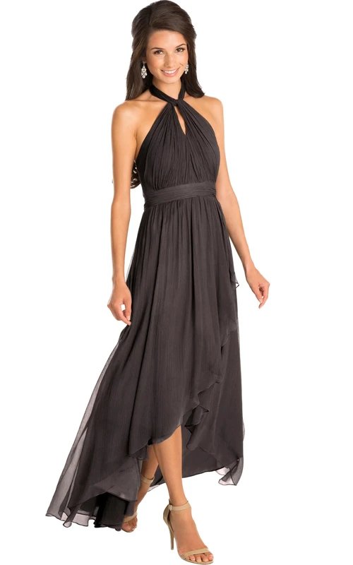 Vestido de dama de honor de gasa multicolor sin mangas con escote halter y fruncido asimétrico