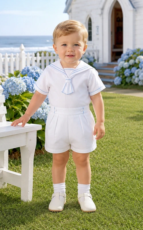 Klassischer weißer Kurzarm-Strampler mit Matrosenkragen für Babys, ideal für die Taufe und Outdoor-Aktivitäten