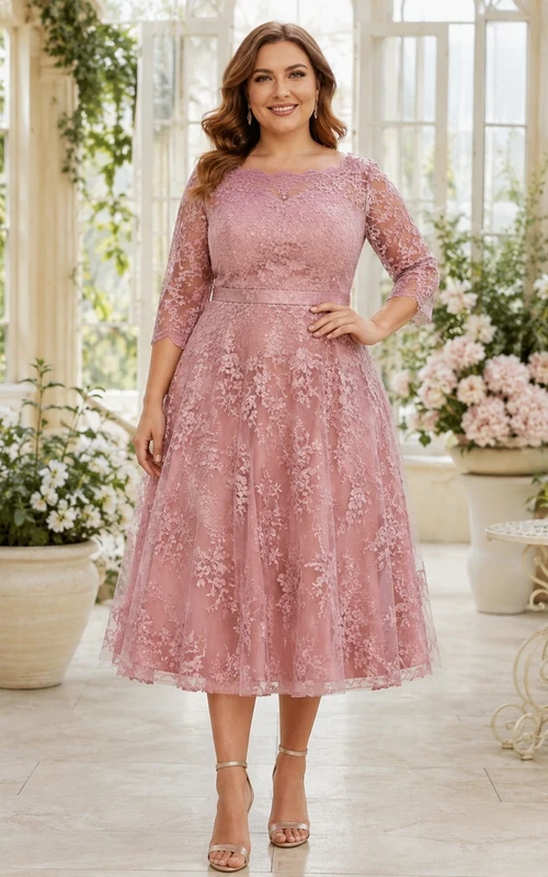 Plus Size Teelänge, dezentes Dreiviertelärmel-Spitzenkleid in A-Linie