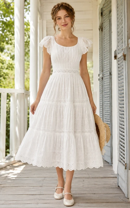 White Short Sleeve Pleated Tiered Chiffon Tea-Length Dress