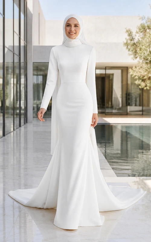 Modest Muslim Long Sleeve High Neck Crepe Mermaid Wedding Dress
