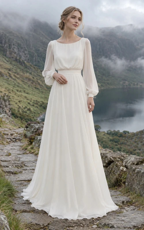 Vestido de novia sencillo de gasa con escote joya, corte en A, mangas largas, fruncido y cola.