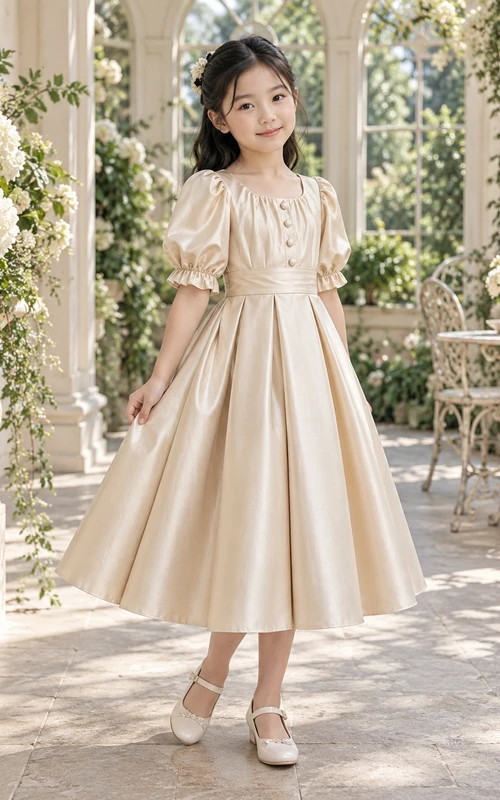 Tea-length Vintage Champagne A-line Satin Puff-sleeve Button-front Bow-back Flower Girl Dress