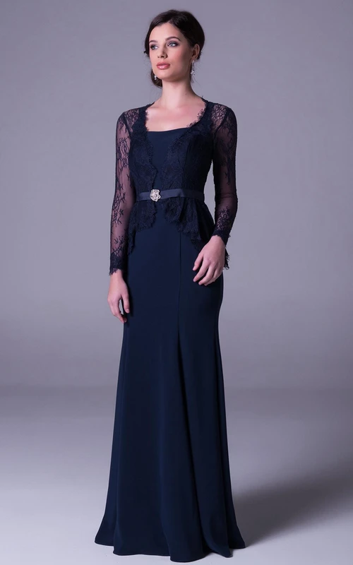 Sheath Long-Sleeve Long Lace Square-Neck Prom Dress With Broach