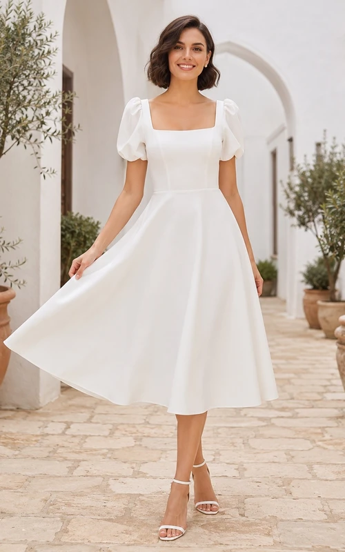 Vestido de novia sencillo de corte A con escote cuadrado y mangas abullonadas.