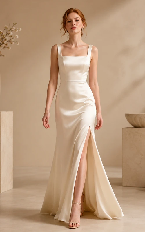 Beach Satin Wedding Dress Sheath Square Neck Sleeveless Sweep Train with Slit Open Back Bridal Gown