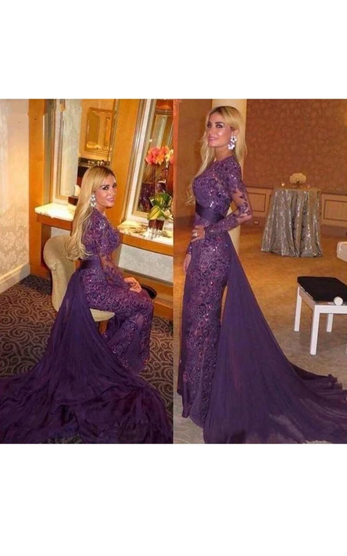 Meerjungfrauenkleid aus langärmeliger Spitze und Chiffon