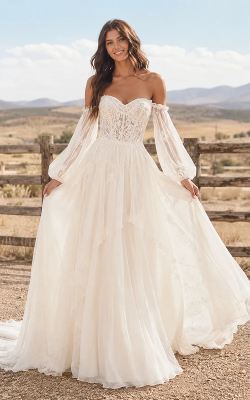 Vestido de novia de tul y encaje campestre, corte en A, hombros descubiertos, manga corta, cola de capilla, espalda baja en V.