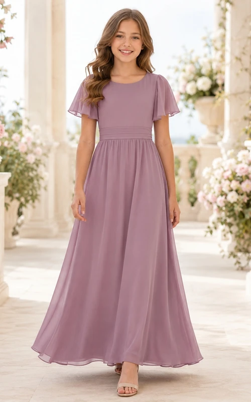 Elegantes, mauvefarbenes Chiffonkleid mit Glockenärmeln, A-Linien-Schnitt und Schmucksteinen in Bodenlänge für junge Brautjungfern