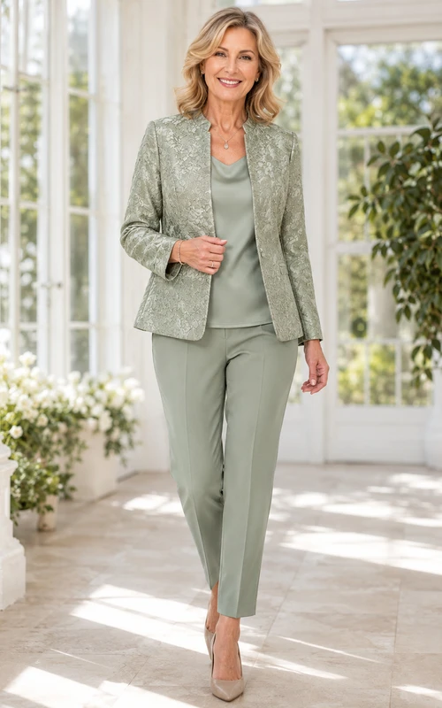 Conjunto de tres piezas de manga larga y pierna recta con blazer de encaje celadón romántico para madres de baja estatura.