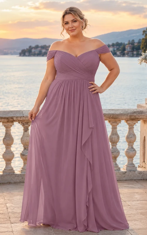 Mauve plus size off shoulder chiffon floor length bridesmaid dress