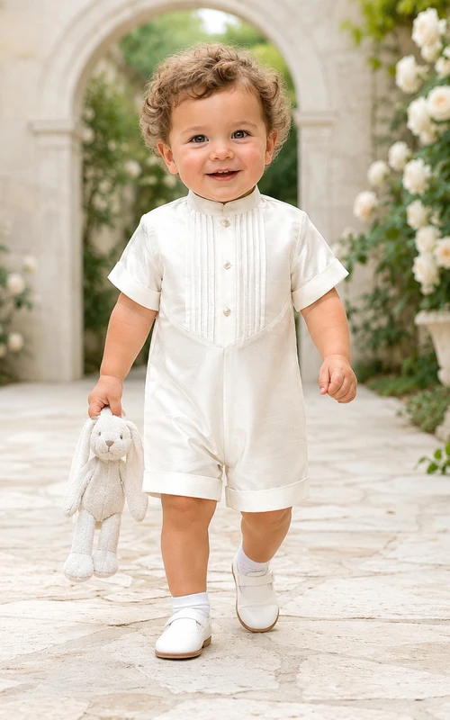 White Pintuck Mandarin Collar Short Sleeve Christening Romper for Baby Boy