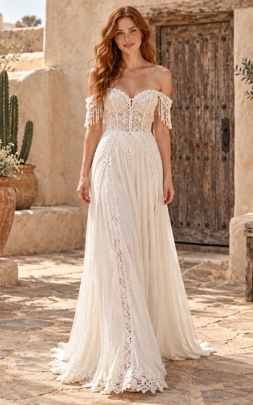 Boho Off Shoulder Fringe Sleeve Lace Chiffon Bridal Wedding Dress