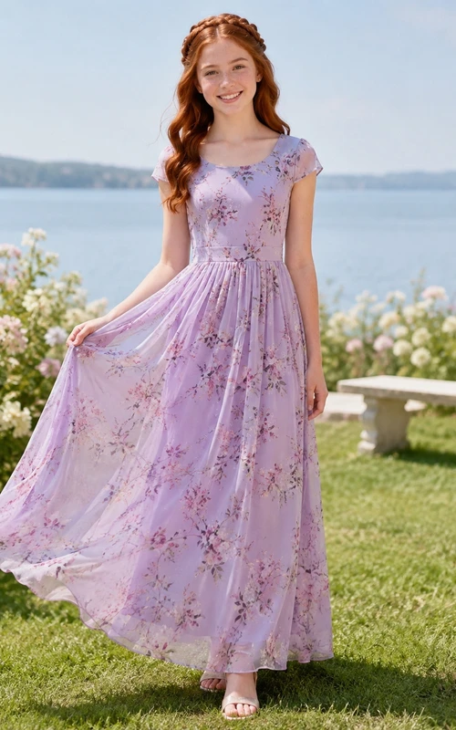 Lavendelfarbenes Brautjungfernkleid im A-Linien-Stil mit rundem Ausschnitt und kurzen Ärmeln aus Chiffon mit Blütenblattmuster und Boho-Stil.