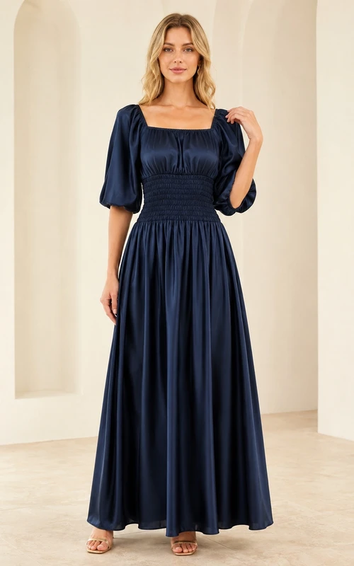 Vestido formal de corte A con escote cuadrado y mangas abullonadas en gasa azul marino oscuro