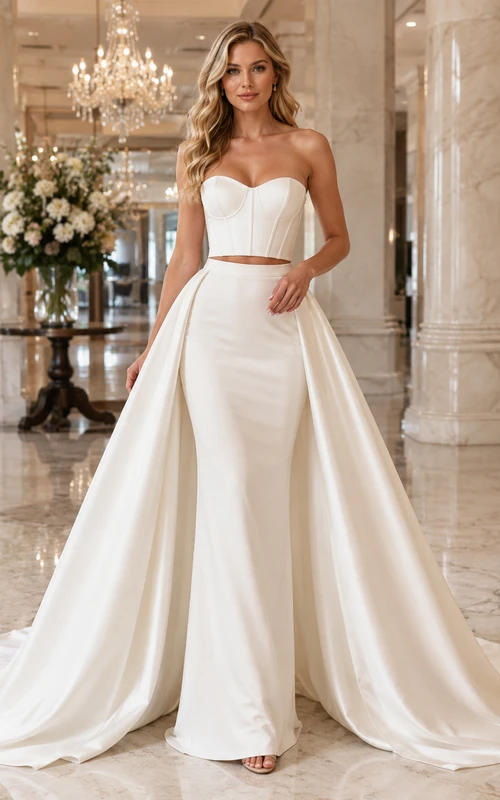Vestido de novia de satén sin tirantes estilo sirena con sobrefalda desmontable. Conjunto nupcial de hotel.