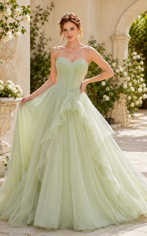 Robe de bal bustier en tulle à volants couleur sauge, décolleté cœur, robe de mariée de style chapelle