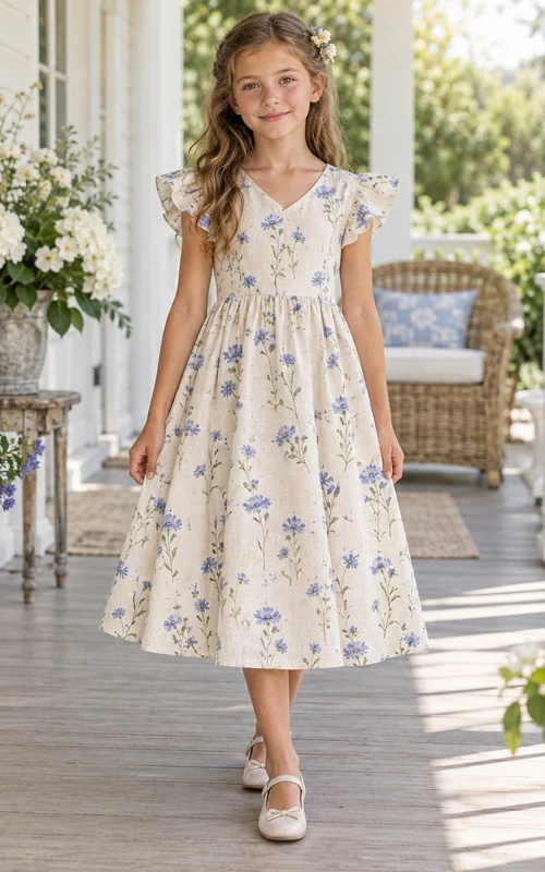 Country Tea-length Cream Floral V-neck Flutter Sleeve Linen Flower Girl Dress