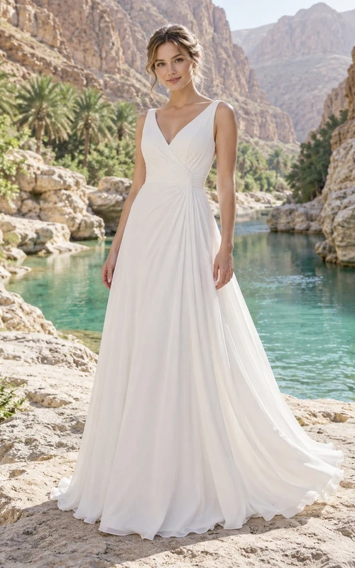 Vestido de novia sencillo de gasa fruncida sin mangas con escote en V y corte en A