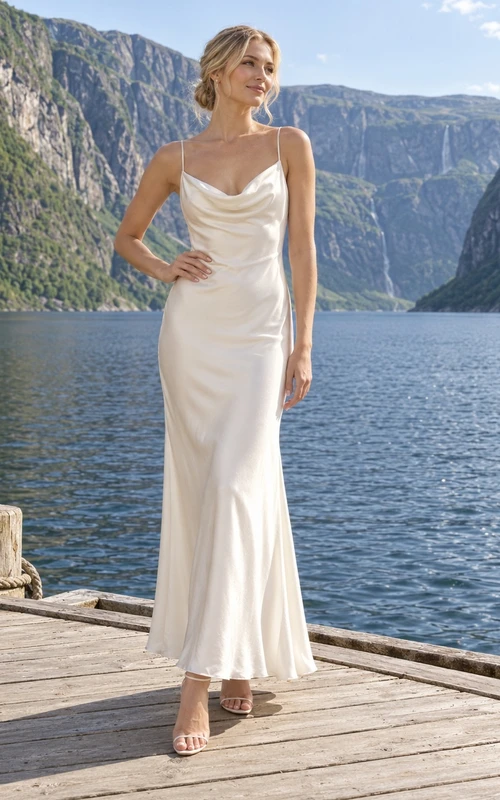 Brautkleid aus Charmeuse mit Wasserfallausschnitt, Spaghettiträgern, tiefem Rückenausschnitt und Schlitzrock