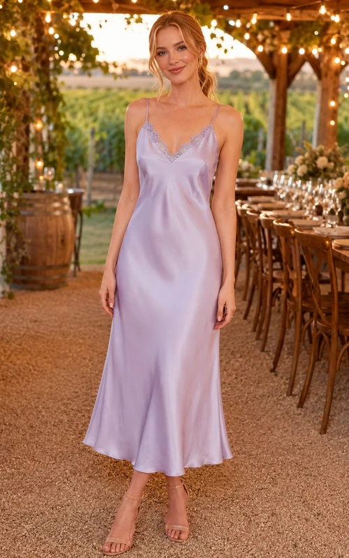 Robe nuisette midi en satin lavande pâle à fines bretelles et col en V