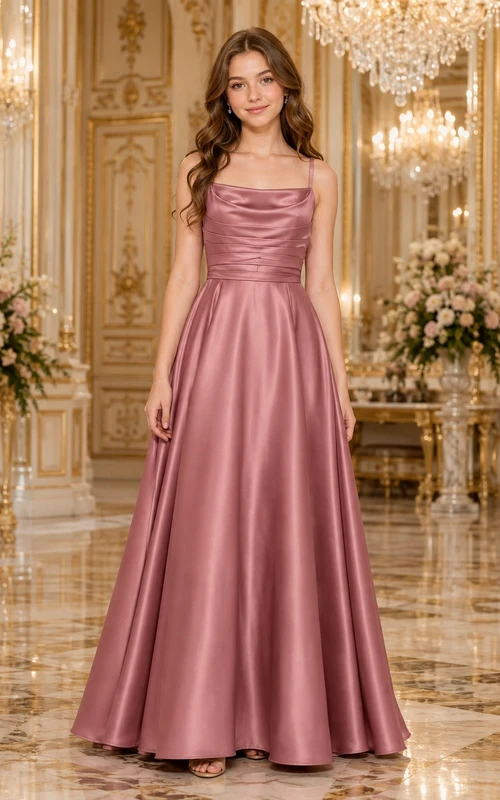 Mauvefarbenes Brautjungfernkleid in A-Linie, ärmellos, mit Wasserfallausschnitt und Raffungen, elegant