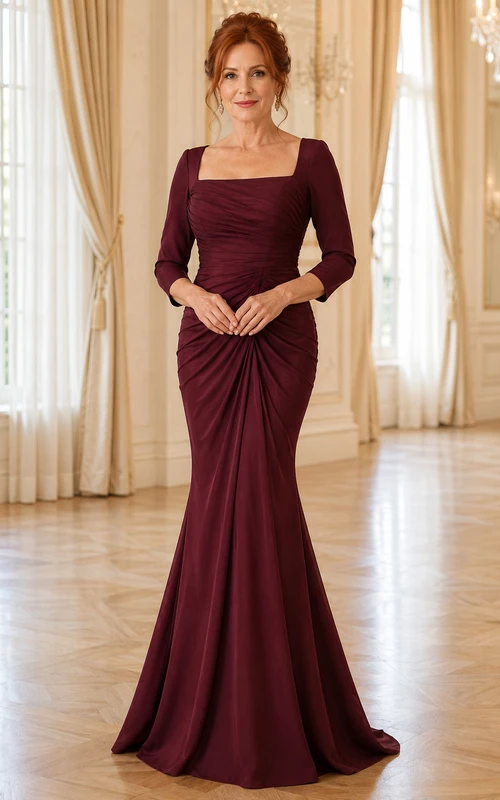 MOB-Kleid, burgunderrot, Stretch-Satin, Meerjungfrauenstil, 3/4-Ärmel, eckiger Ausschnitt, bodenlang, drapiert