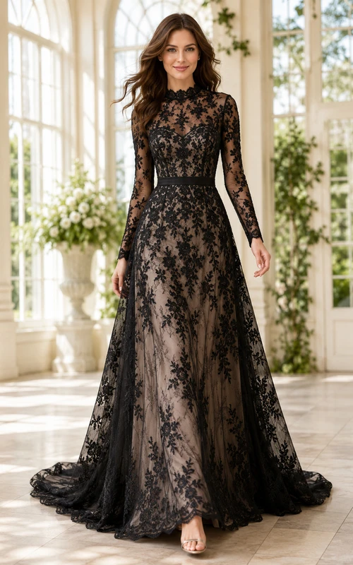 Vintage Black High Neck Long Sleeve Lace A-Line Illusion Back Wedding Dress