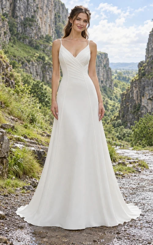 Elegante y sencillo vestido de novia de corte A, escote en V, sin mangas, largo hasta el suelo, con corpiño fruncido.