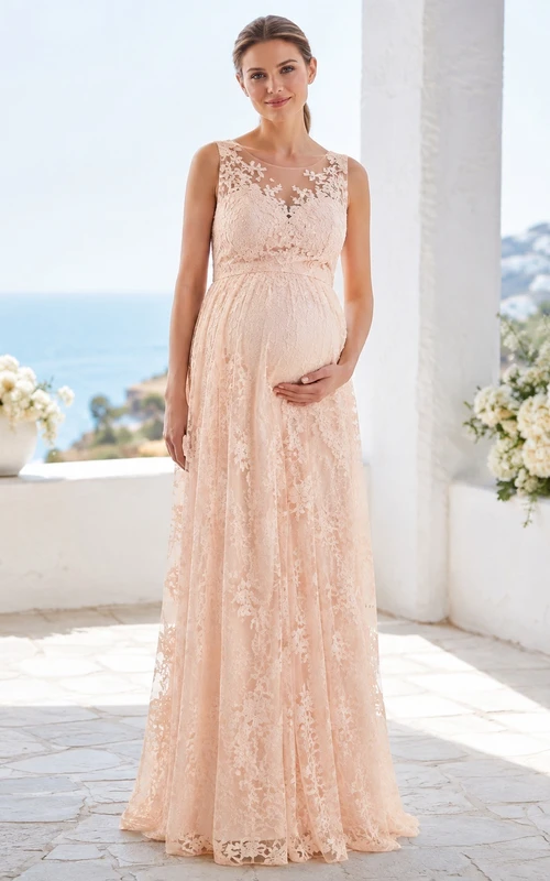 Robe de maternité empire sans manches à col rond en dentelle rose poudré et col bijou