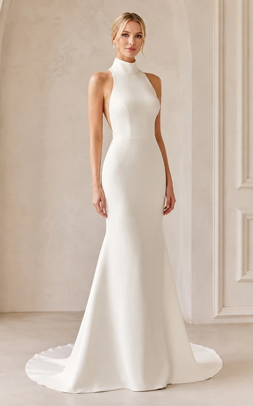 Vestido de novia sencillo de corte recto con cuello alto, espalda descubierta y cola larga