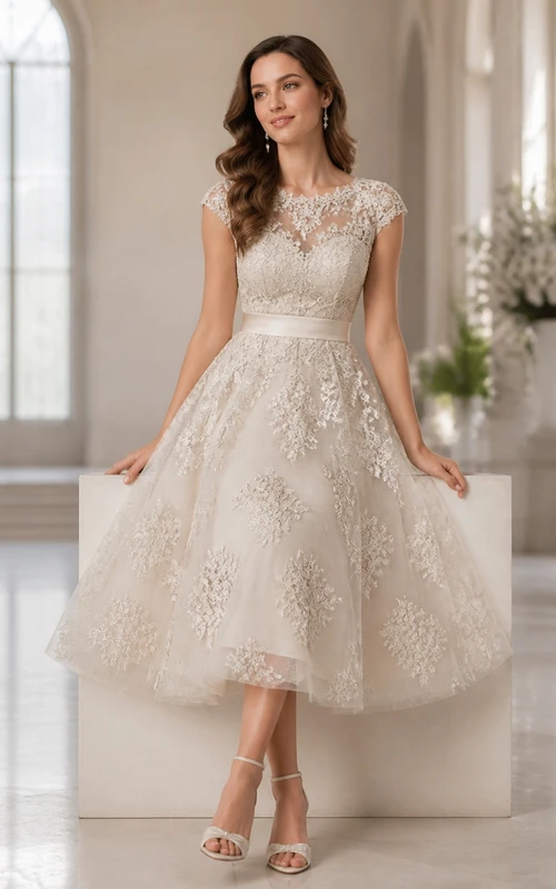 Vintage Teelänge A-Linien-Hochzeitskleid mit hohem Kragen, floraler Spitze