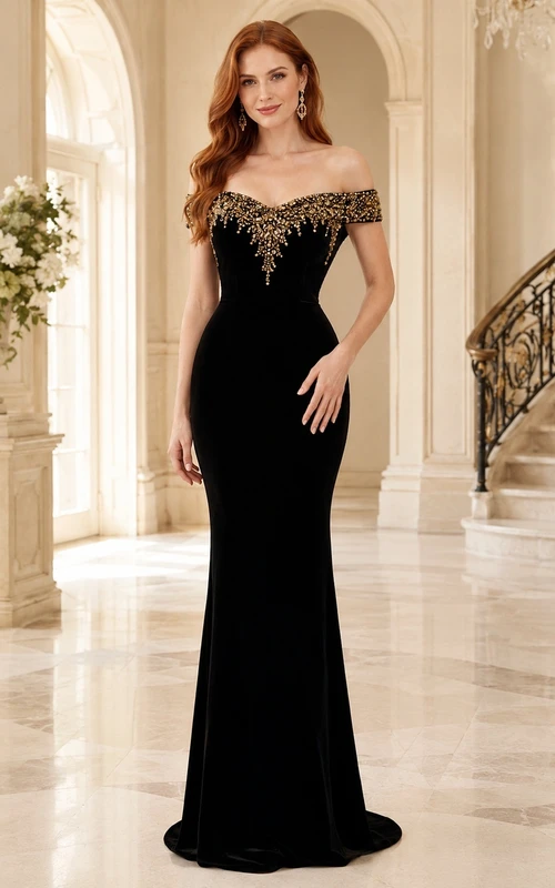 Schwarzes schulterfreies Samt-Abendkleid mit Perlenbesatz und Meerjungfrauen-Schleppe