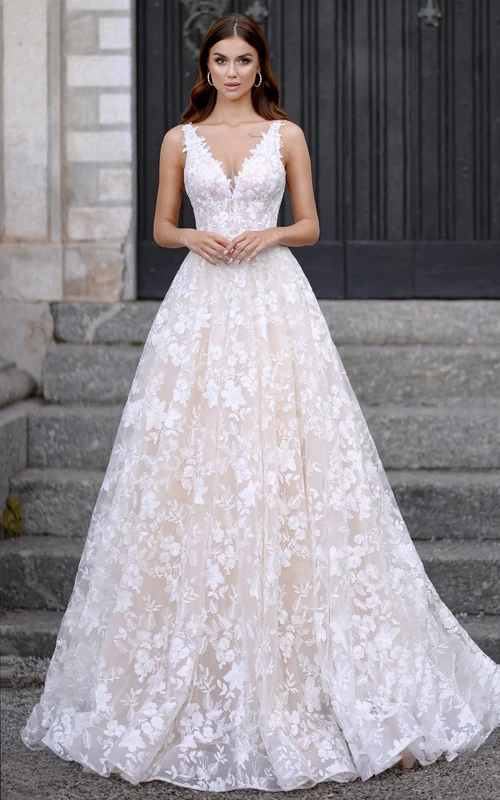 Spitzenballkleid, ärmellos, V-Ausschnitt, Applikationen, Schlüssellochausschnitt, Hochzeitskleid
