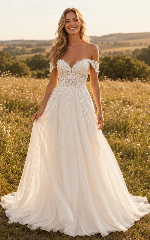 Robe de mariée champêtre romantique à épaules dénudées, manches courtes, ornée d'appliqués floraux, en tulle, coupe trapèze et traîne.