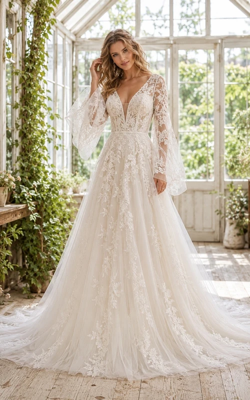 Vestido de novia de corte A con escote en V y mangas largas, de encaje y cola catedral.