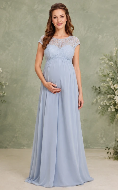 Vestido de maternidad romántico largo hasta el suelo, de encaje, con cuello cuadrado y mangas cortas, color azul pizarra.