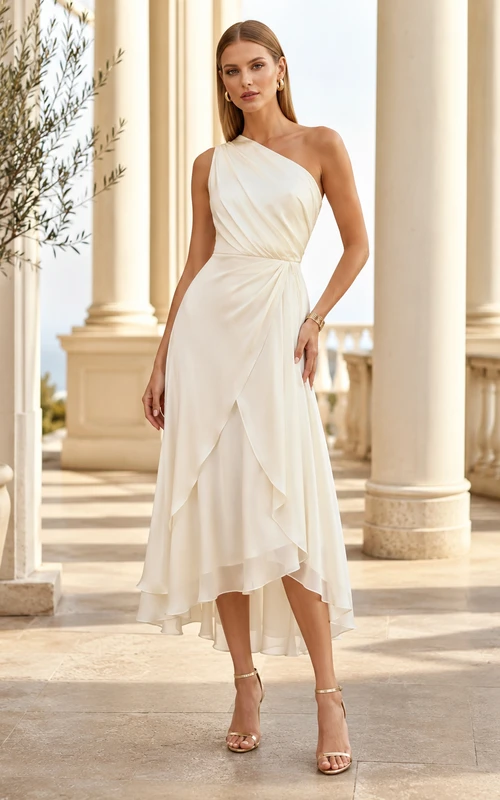 Robe de mariée en mousseline drapée, coupe trapèze, asymétrique (haut/bas), sans manches, plissée, fermeture éclair au dos