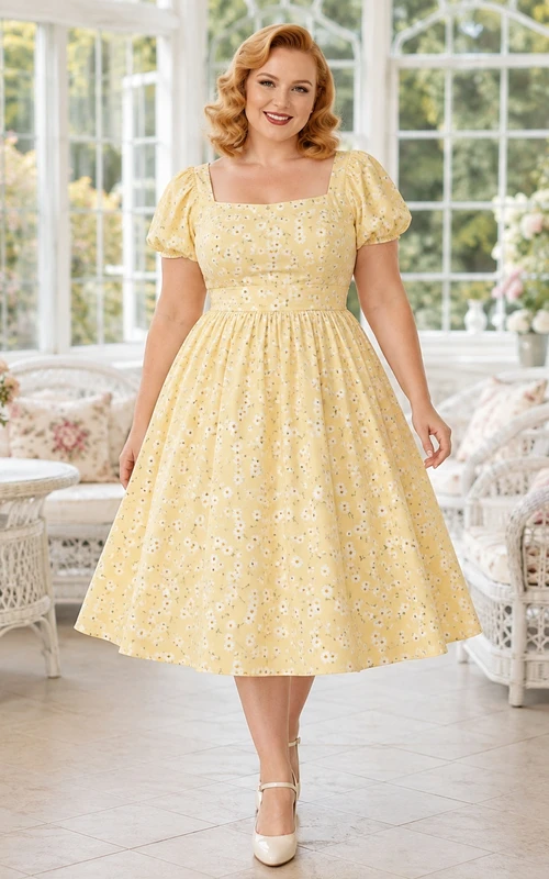 Daffodil Floral Square Neck Puff Sleeve A-Line Tea-Length Vintage Plus-Size Dress