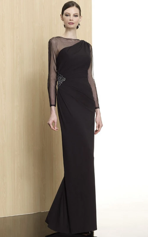 Sheath Jewel Neck Beaded Illusion Sleeve Chiffon Formal Dress