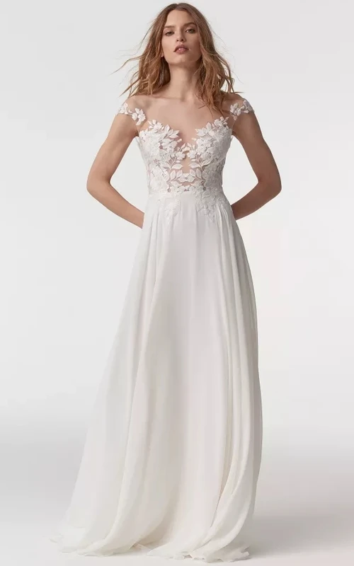Chiffon Empire Off-the-shoulder Sheath Floor-length Low-v Back Wedding Dress with Lace Top