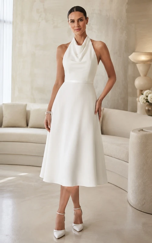 Einfaches, wadenlanges, elfenbeinfarbenes Braut-Cocktailkleid aus Satin mit hohem Kragen und Neckholder