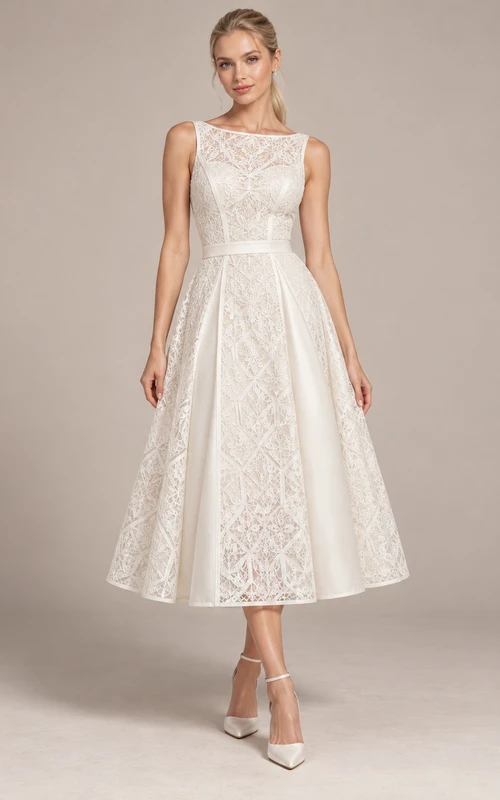Tea-length Jewel Neck Sleeveless Geometric Lace Panel Wedding Dress