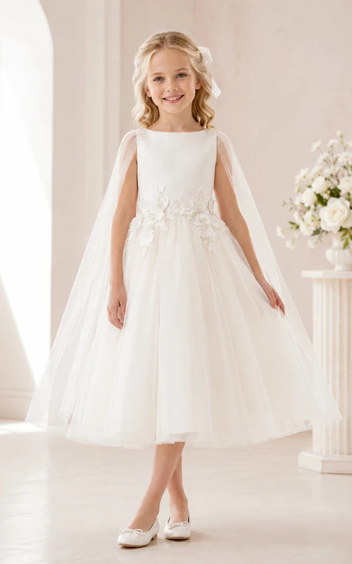 Robe de demoiselle d'honneur de communion formelle en tulle blanc à imprimé floral avec cape et appliques florales