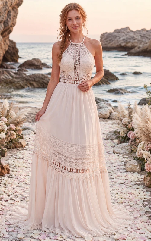 Neckholder-Häkelkleid mit offenem Rücken im Boho-Stil für Strandhochzeiten